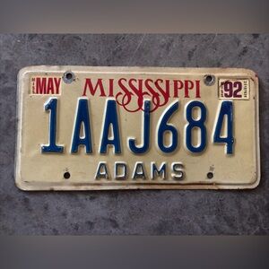 Mississippi MS Adam’s County 1980’s 1990’s Vintage License Plate 1AAJ684